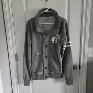 Gray Cardigan Sweater with Embroidered Logo